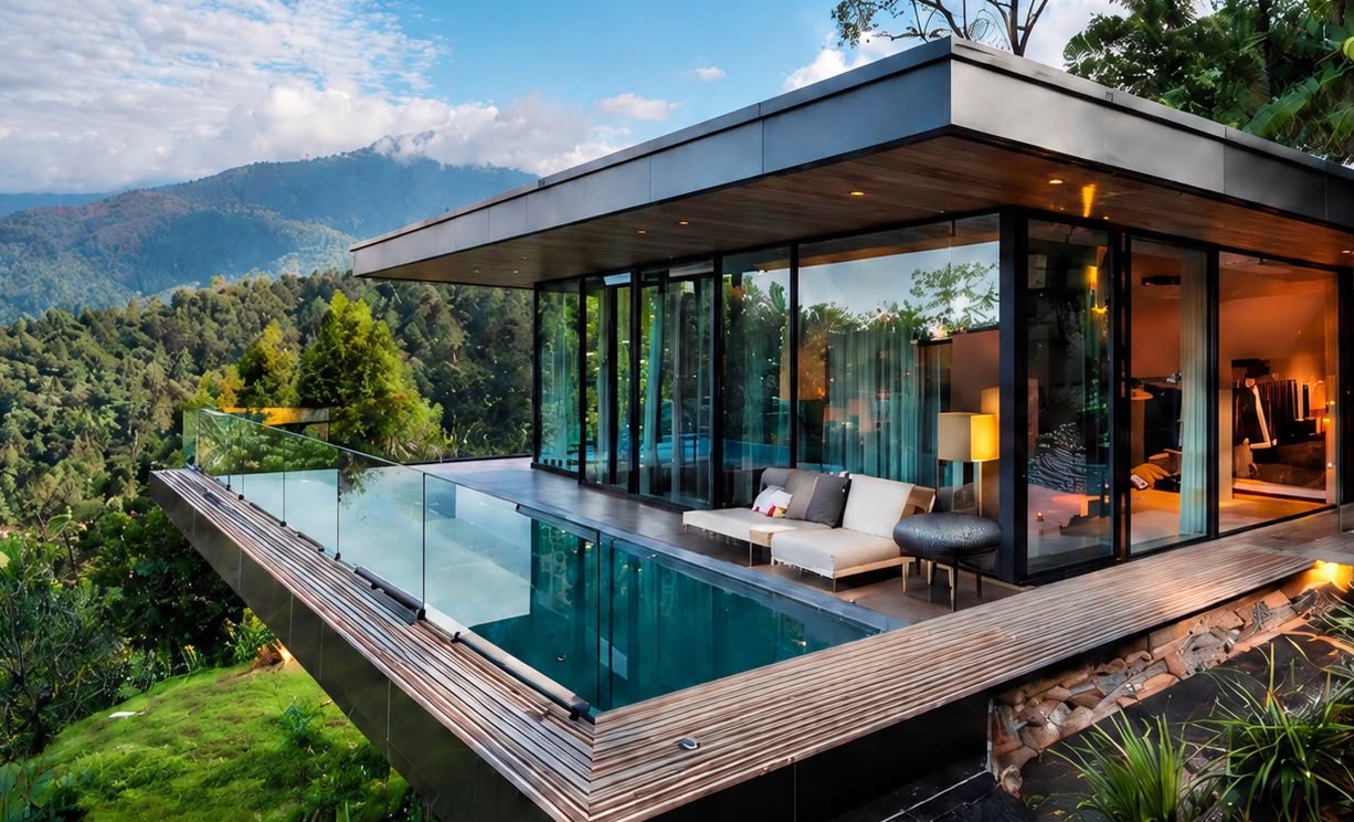 Glass-walled hillside villa with an infinity pool overlooking forested mountains